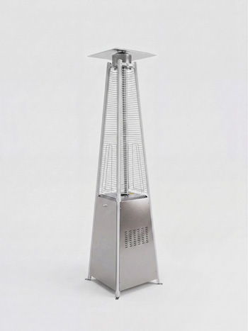 Gray patio heater with a tall metal mesh cage, square base, and top reflector