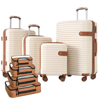 Pearl beige hard-shell luggage set with brown trim, expandable suitcases and packing cubes