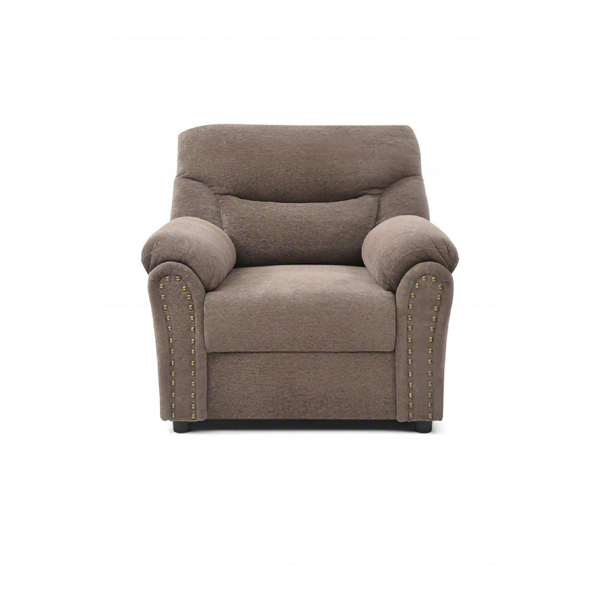 Dark brown upholstered armchair with hand-applied nailhead trim and pillow-top arm cushions