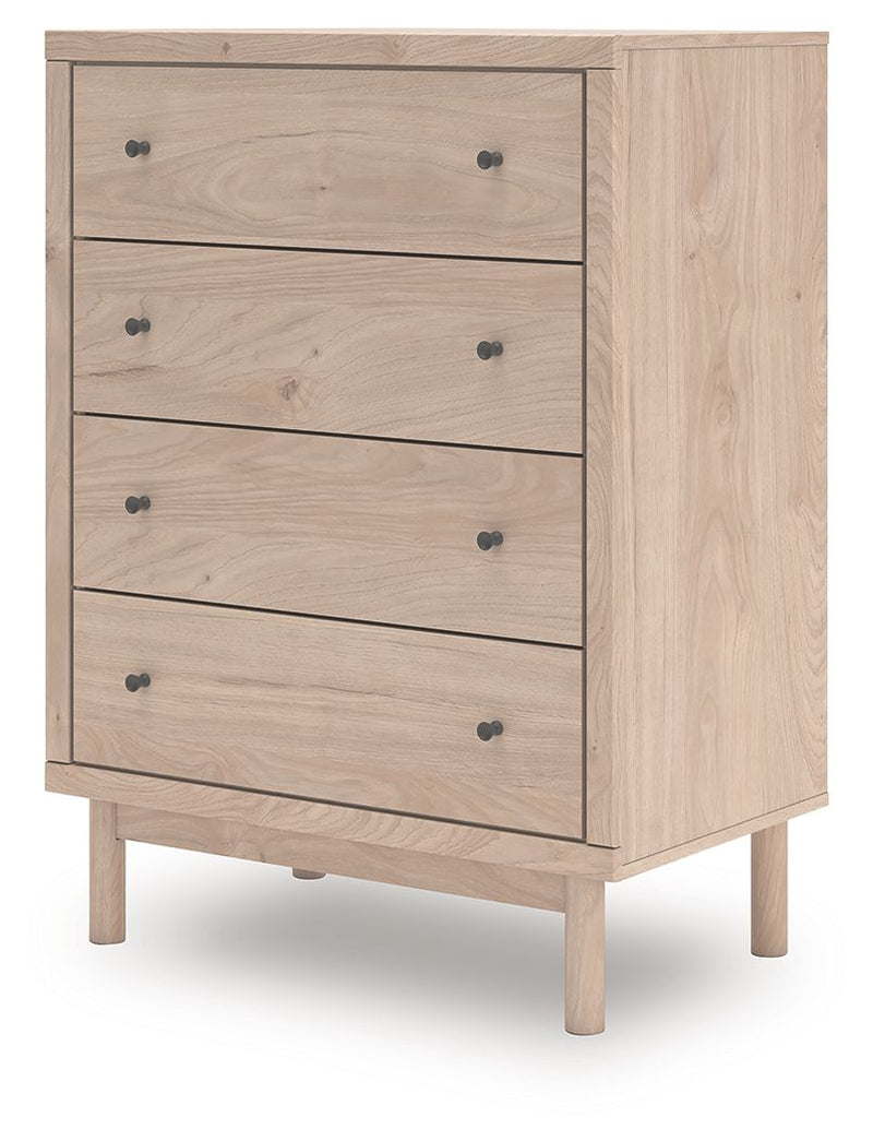 Light wood four-drawer chest with black knobs and straight drawer fronts