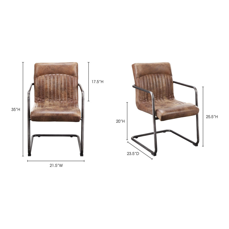 Set of 2 brown leather arm chairs with metal frames and shown dimensions