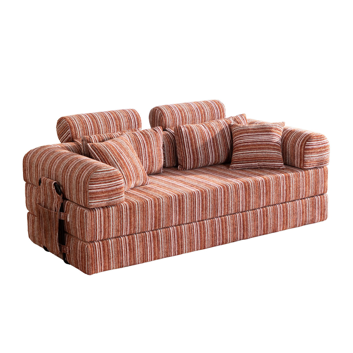 Red striped convertible sleeper sofa with padded arms and three back cushions