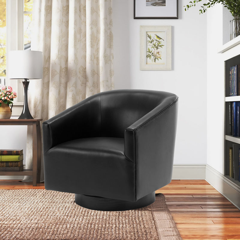 Black faux leather swivel chair with padded arms and black round base