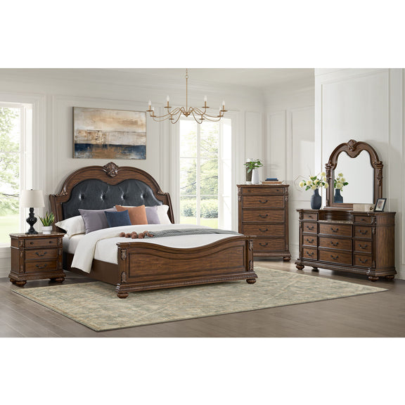 Brown wooden chest with four drawers and decorative metal drawer pulls