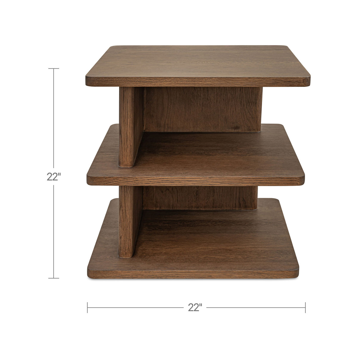 Dark brown wooden side table, 22 in wide, three tiers with tapered legs