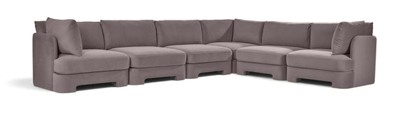 Hammond gray velvet corner sectional sofa, 6-piece set with padded arms and cushions