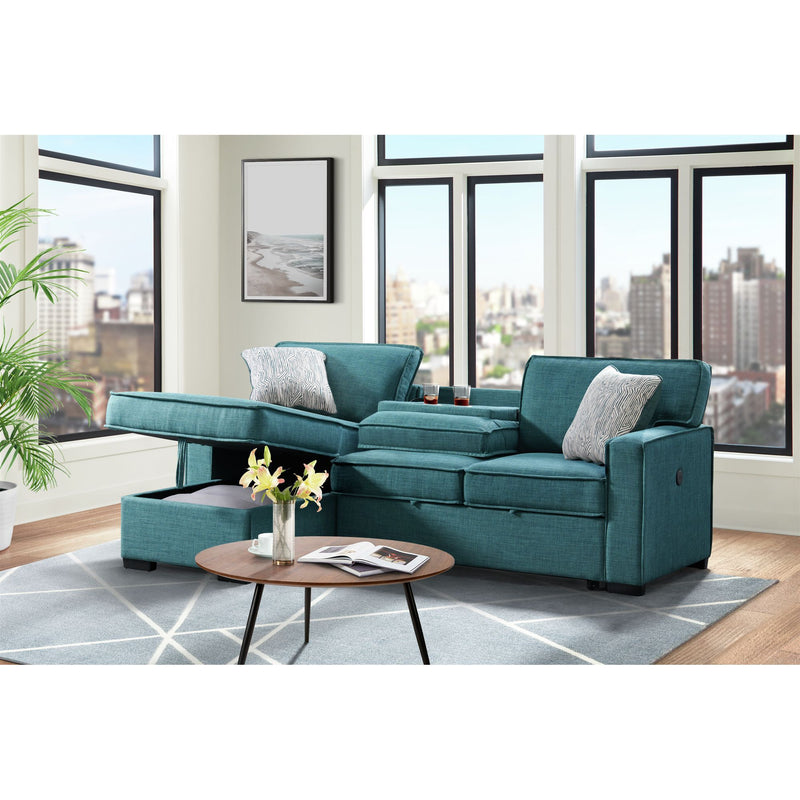 Caracas - Sectional RHF Loveseat With Pull Bed, Dropdown Table, 1 USB & 1 Pillow - Palmer Teal