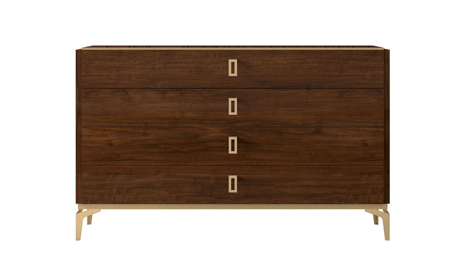 Brown walnut dresser with four drawers, square pulls, and tapered wooden legs