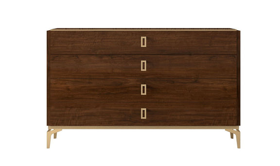 Brown walnut dresser with four drawers, square pulls, and tapered wooden legs