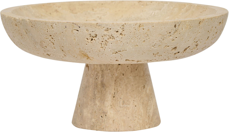 Beige travertine round bowl with flared pedestal base, speckled finish