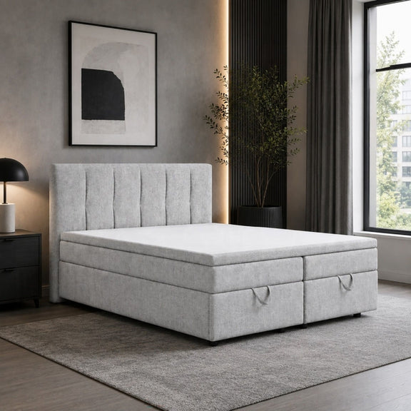 Light gray upholstered platform storage bed with tufted headboard and pull-tab drawers