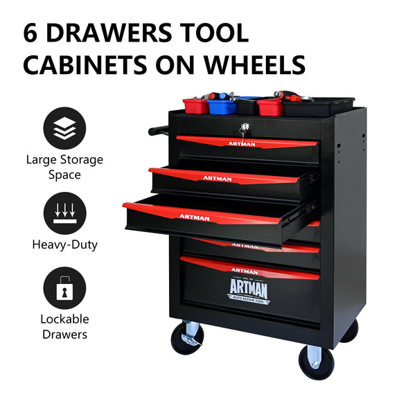 Rolling steel tool cabinet with 6 drawers, red drawer fronts, lockable drawers, caster wheels