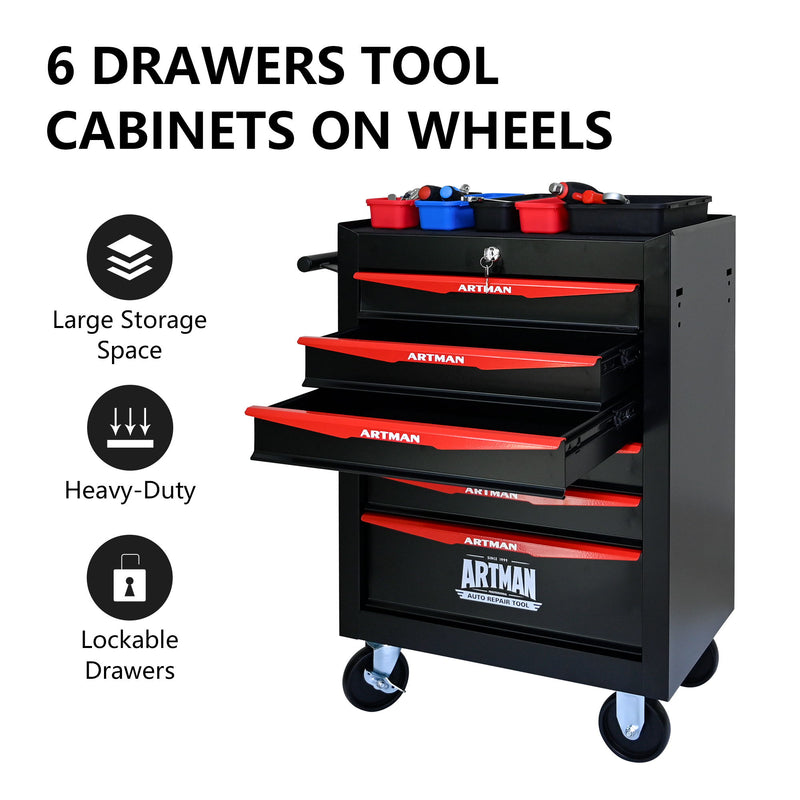 Rolling steel tool cabinet with 6 drawers, red drawer fronts, lockable drawers, caster wheels