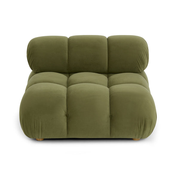 Olive green modular armless chair with tufted seat and three back cushions