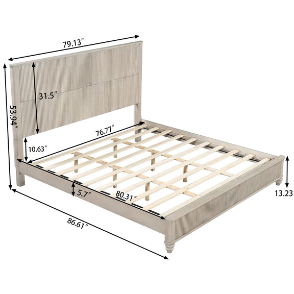 Light beige wood bed frame with slatted base and tall paneled headboard