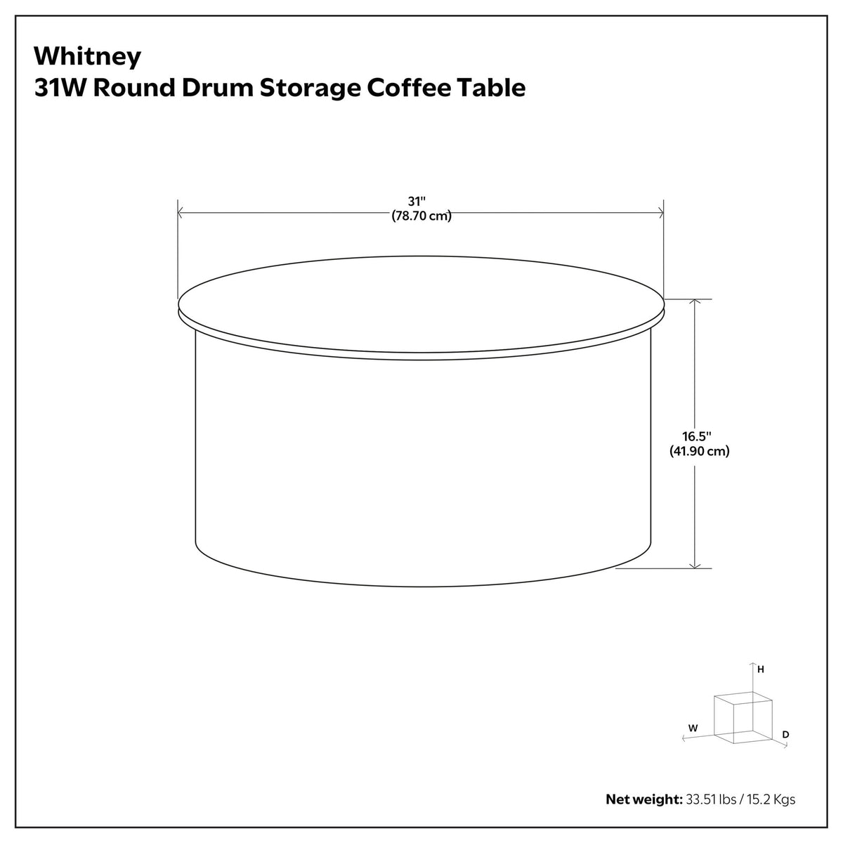 31W round drum coffee table size diagram, 41.9 cm height and 78.7 cm diameter