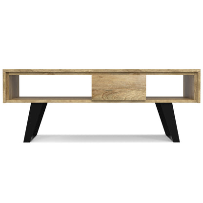 Light brown wood coffee table with open center storage and black tapered legs