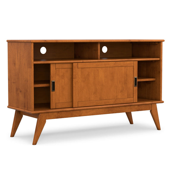 Warm brown mid-century TV media stand with cabinet doors and open center shelves