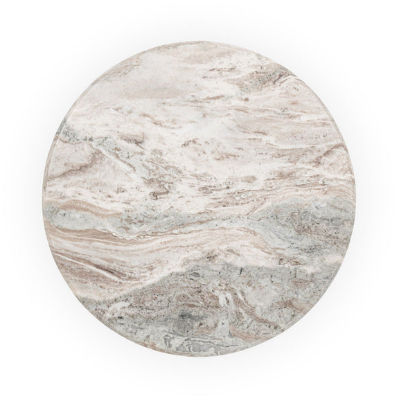 Round marble tabletop with light cream and subtle gray swirls and streaks