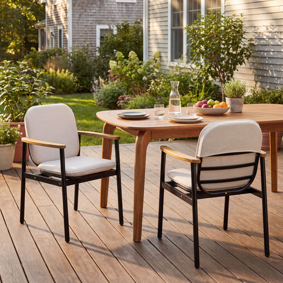 Beige outdoor dining chair with black metal frame, teak armrests, and cushion