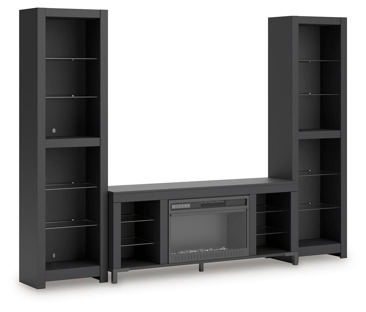Black 3-piece entertainment center with electric fireplace and open storage shelves