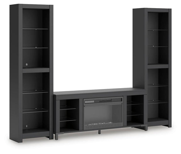 Black 3-piece entertainment center with electric fireplace and open storage shelves