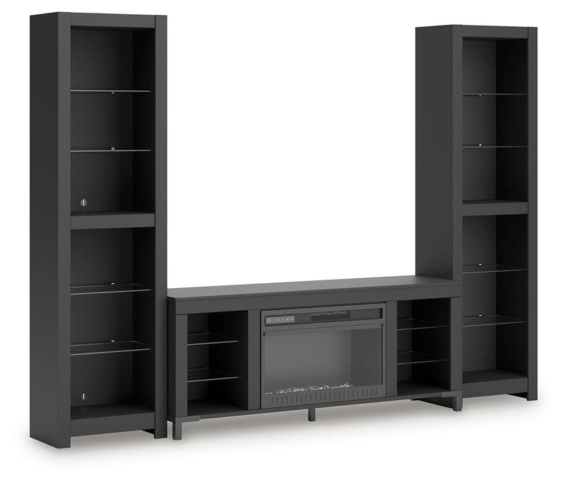 Black 3-piece entertainment center with electric fireplace and open storage shelves