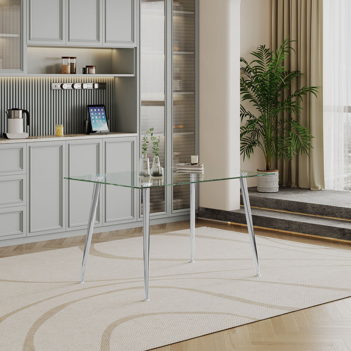 Thick Tempered Glass Top Dining Table & Stainless Steel Legs - Silver