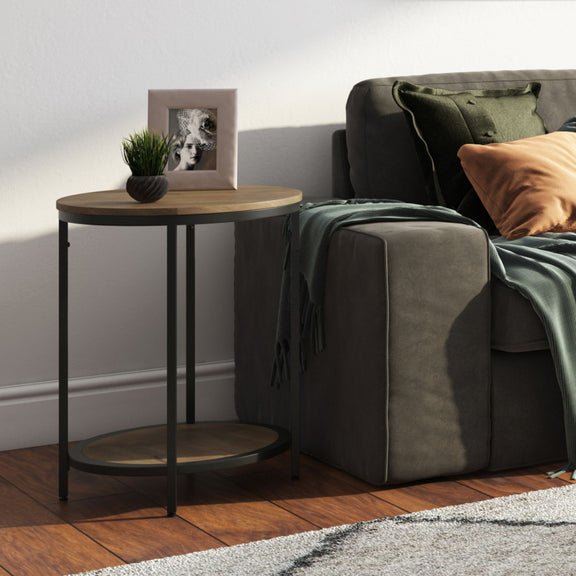 Round side table with bottom shelf, dark wood top and lower shelf, black metal legs
