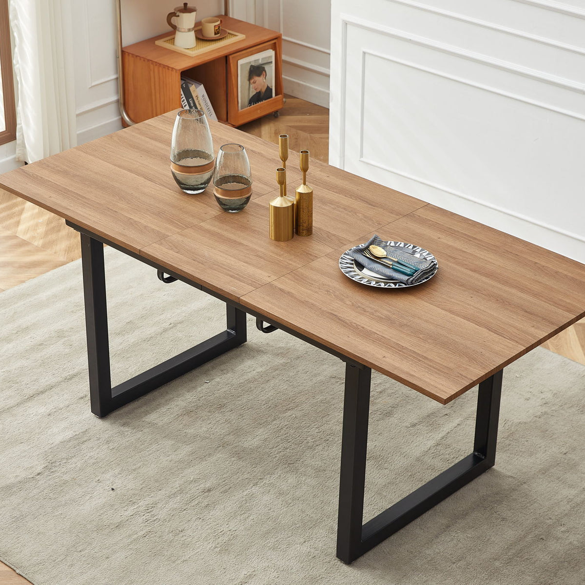Square Extendable Dining Table With Metal Leg, Modern Space Saving Kitchen Table For Living Room