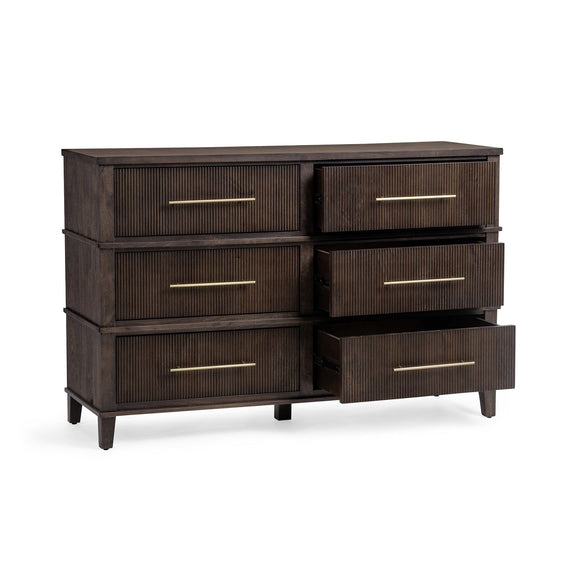 Dark brown wood dresser with six ribbed drawers and gold-toned bar pulls