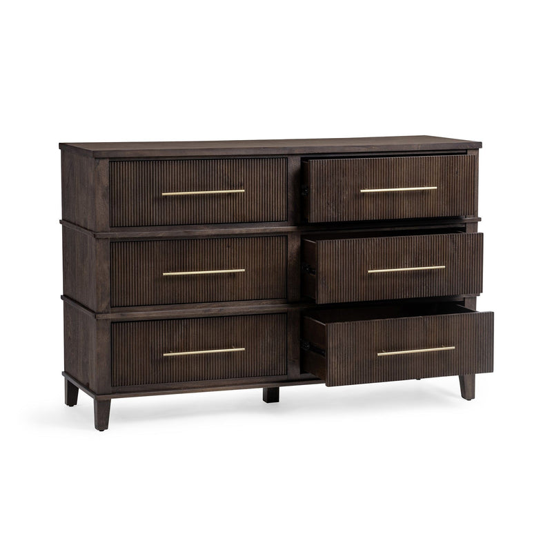 Dark brown wood dresser with six ribbed drawers and gold-toned bar pulls