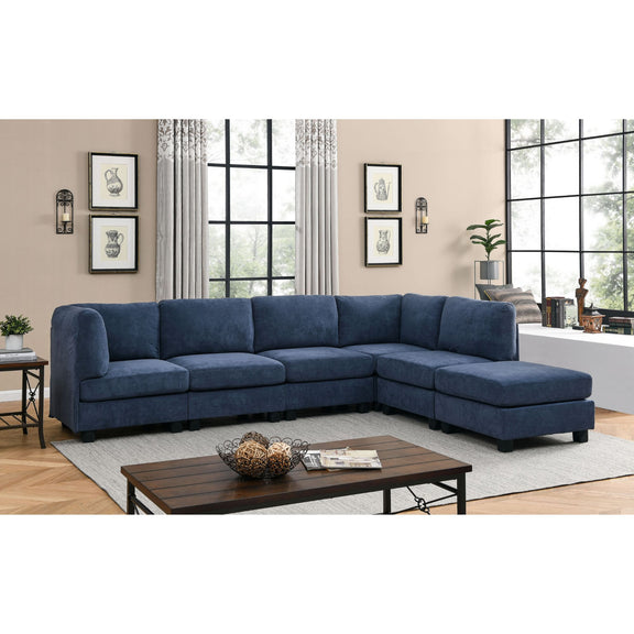 Upholstered modular sectional sofa in blue with corner and chaise for U-shaped layout