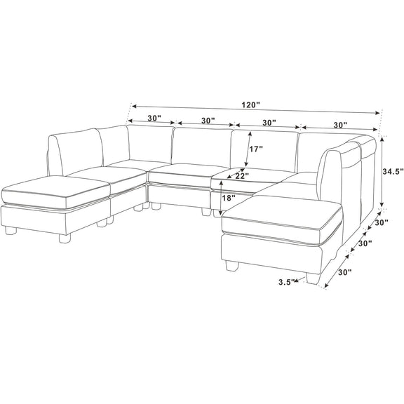 U-shape sectional sofa sizing diagram with module dimensions and ottoman seat lengths