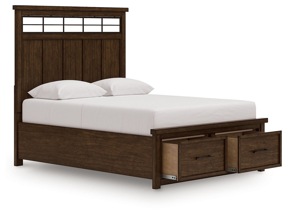 Brown panel storage bed with slatted headboard, white mattress, and side two-drawer storage