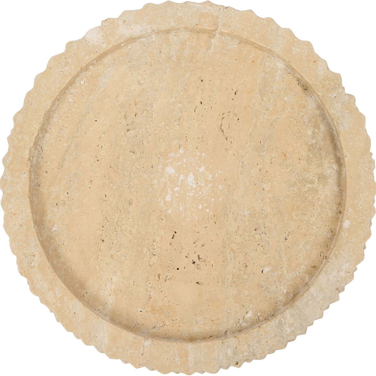 Beige travertine tray with shallow circular basin and scalloped edge, top view.