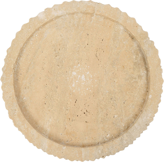 Beige travertine tray with shallow circular basin and scalloped edge, top view.