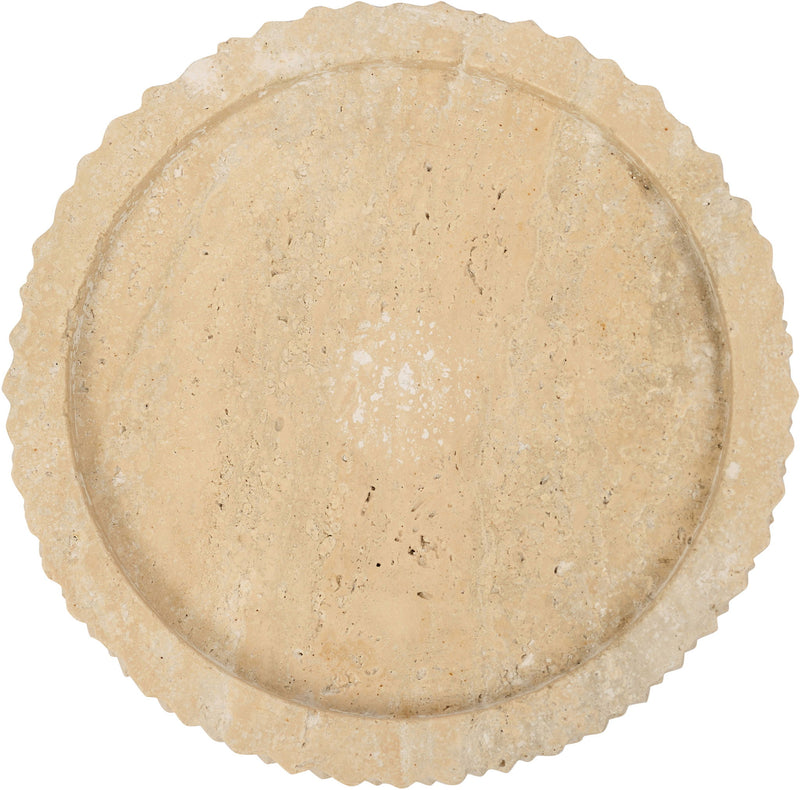 Beige travertine tray with shallow circular basin and scalloped edge, top view.