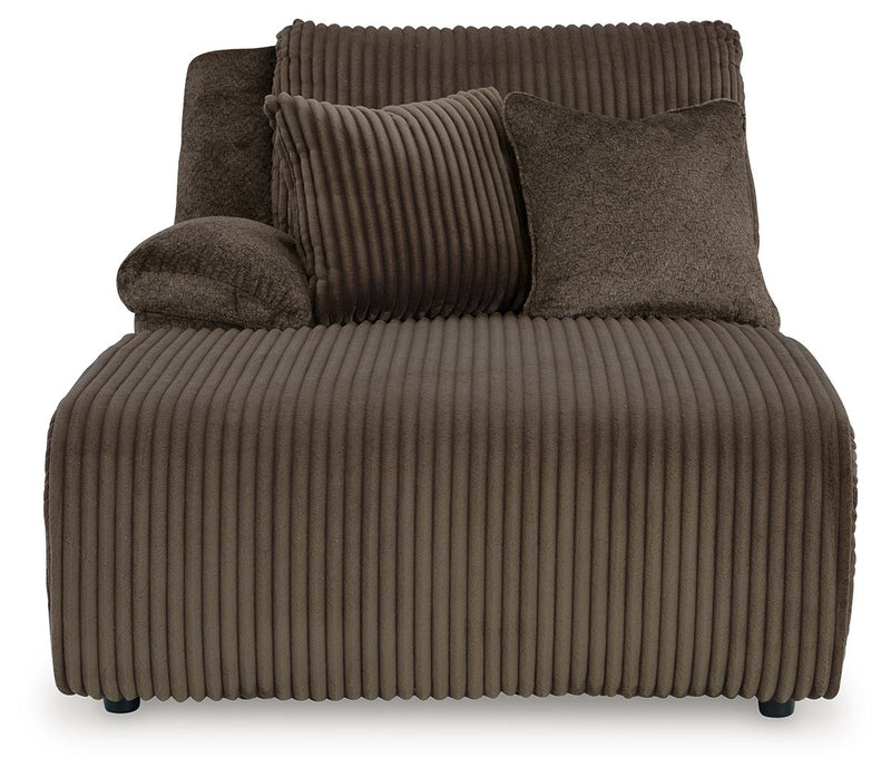 Dark brown reclining sectional chaise with ribbed upholstery and padded arms