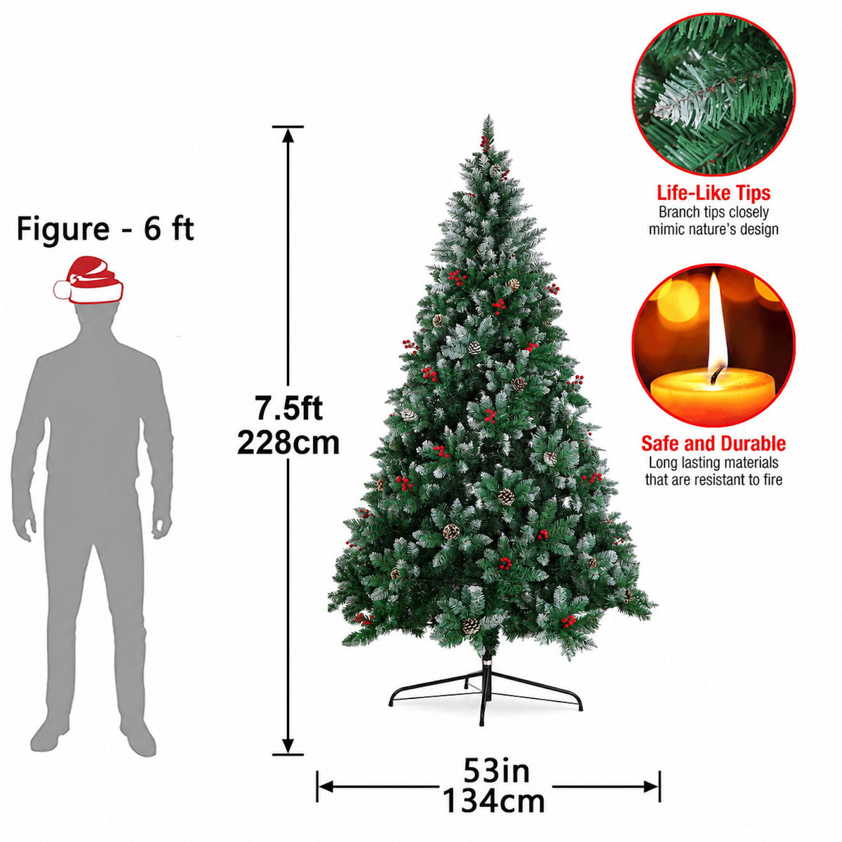 Artificial Christmas tree with LED lights, snowy tips, red ornaments, and metal stand