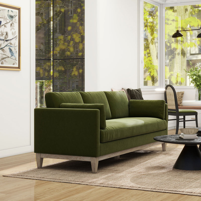 Knox modern farmhouse sofa in dark green, wide seat, rolled armrests, tapered wooden legs