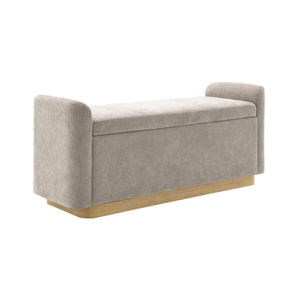 Upholstered storage bench with safety hinge, light gray fabric and wood base