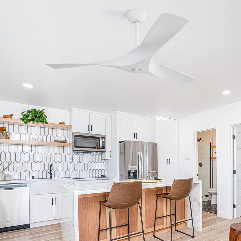 White 4-blade ceiling fan centered in modern kitchen ceiling