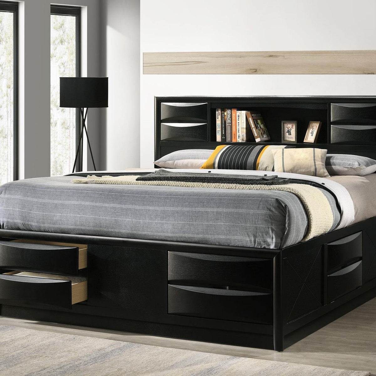 Briana Wood Eastern King Storage Bookcase Bed Black