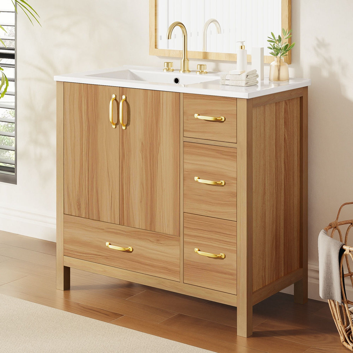 Bathroom vanity cabinet in acacia wood with white sink top, two doors, and three drawers