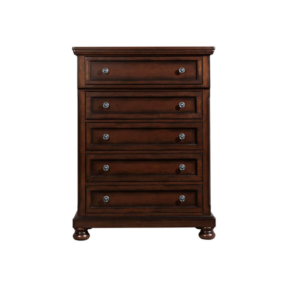 Dark brown wooden chest with four drawers and round metal knobs