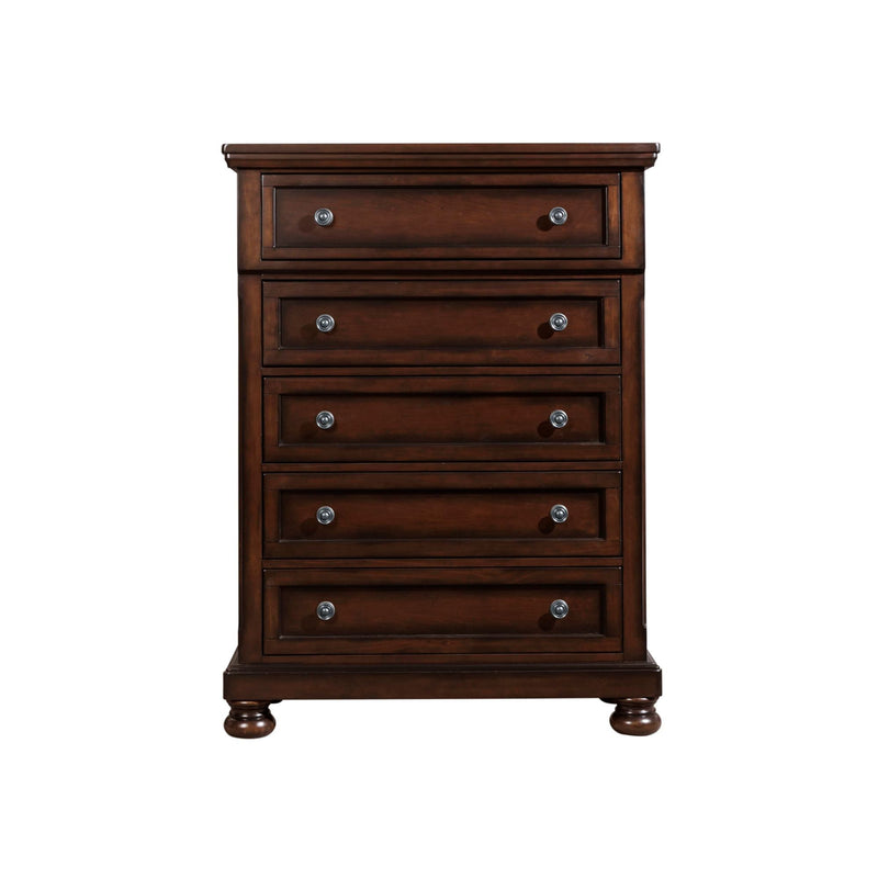 Dark brown wooden chest with four drawers and round metal knobs