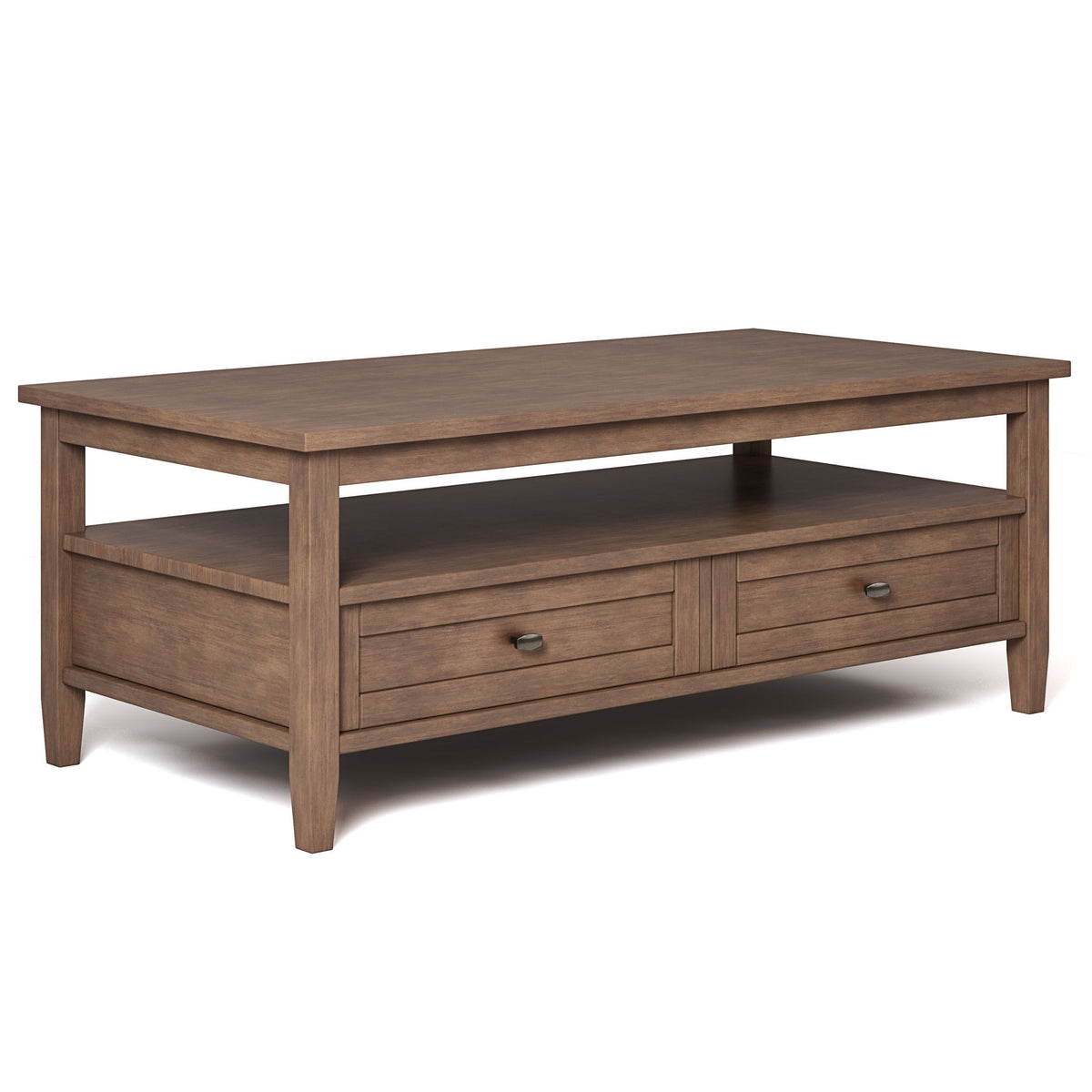 Rustic brown coffee table with a lower shelf and two front drawers