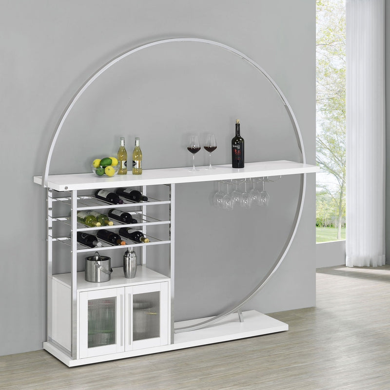 White 2-door home bar cabinet with arched light ring, glass doors, bottle and storage shelves
