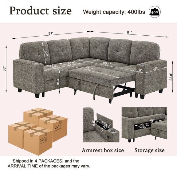 Gray sectional sofa size diagram showing storage size and armrest box dimensions